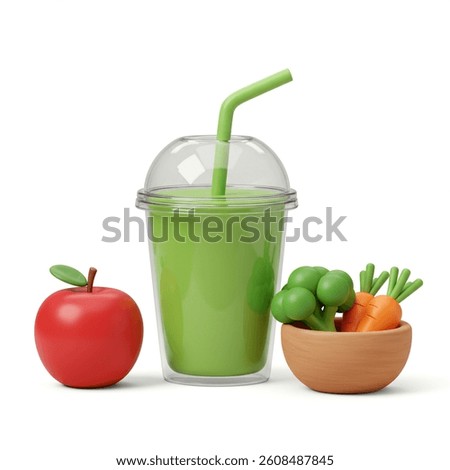 3D Cartoon style rendering features a vibrant green smoothie, a red apple, plus broccoli and carrots in a bowl Great for health and nutrition content.