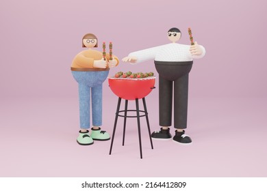 3D Cartoon They Are Eating, BBQ, Camping And Pitching A Tent. In The Big Forest - 3D Illustration