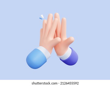 3D Cartoon two Hands giving a High Five. Teamwork concept. Character hand emoji. Business partners with successful deal. Gesture give five. Isolated on blue background. 3D Rendering