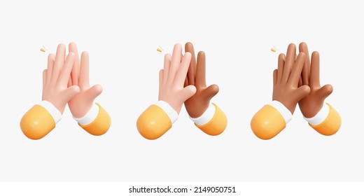 3D Cartoon Two Hands Giving A High Five. Teamwork Concept. Character Hand Emoji. Business Partners With Successful Deal. Gesture Give Five. Creative Set Icon Isolated On White Background. 3D Rendering