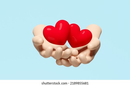 3d cartoon two hands holding red heart isolated on blue background. health love or world heart day concept, 3d render illustration   - Powered by Shutterstock