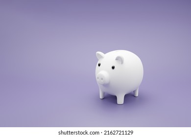 3d Cartoon White Piggy Bank On Purple Background. 3D Render Illustration.