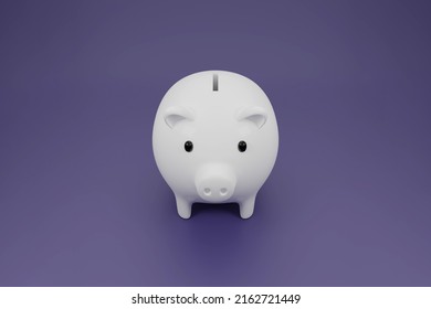 3d Cartoon White Piggy Bank On Purple Background. 3D Render Illustration.