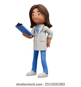 A 3D cartoon woman doctor holding a clipboard, wearing a stethoscope, white coat, and blue scrubs, smiling while reviewing notes.	 - Powered by Shutterstock