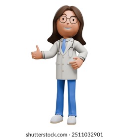 A 3D cartoon woman doctor wearing glasses, a white coat, and blue scrubs, giving a thumbs up and smiling confidently.	 - Powered by Shutterstock