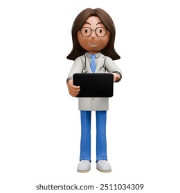 A 3D cartoon woman doctor in a white coat and blue scrubs, wearing glasses, holding a tablet, smiling confidently as she reviews information.	 - Powered by Shutterstock