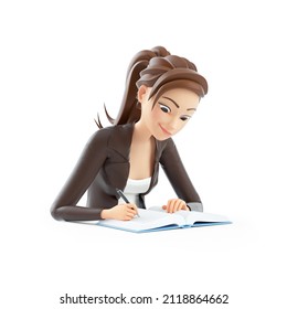 3d cartoon woman doing her homework, illustration isolated on white background