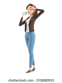 3d Cartoon Woman Drinking Water On Bottle, Illustration Isolated On White Background