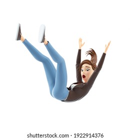 3d cartoon woman falling from height, illustration isolated on white background