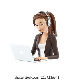 3d cartoon woman with headset working on laptop, illustration isolated on white background - Powered by Shutterstock