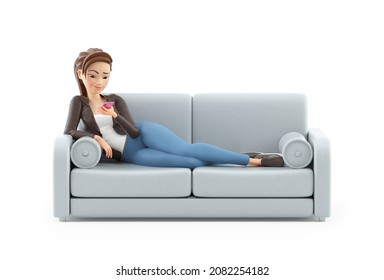 3d cartoon woman lying on sofa and looking at smartphone, illustration isolated on white background - Powered by Shutterstock