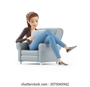 3d cartoon woman sitting in armchair with tablet, illustration isolated on white background