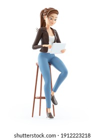 3d cartoon woman sitting on stool with tablet, illustration isolated on white background - Shutterstock ID 1912223218