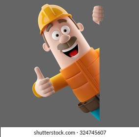 3D cartoon worker character, funny isolated engineer man 