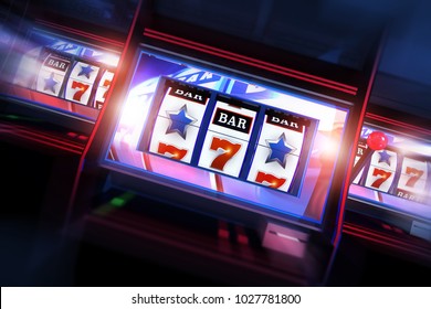 3D Casino Slots Concept. 3D Illustration Of Three Slot Machines. Casino Games.