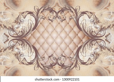 3d ceiling, stucco decor frame, beige leather quilted buttoned in the middle on marble background. 3d wallpaper.