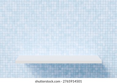 3d centered white floating shelf on light blue mosaic tile texture. skincare concept. abstract background bathroom backdrop for product display. advertising for skincare. 3d render.