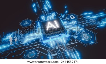 3D A central AI chip powers a futuristic digital network, with glowing lines connecting various icons like security, global access, and user biometrics.