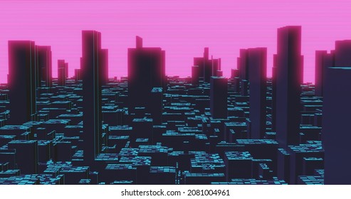 3D CGI Rendered Illustration. Retro Anime Inspired Dark City At Night Skyline With Buildings, Skyscrapers And Digital Pink Neon Sky.