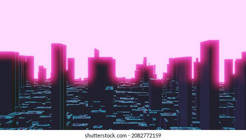 3D CGI Rendered Illustration. Retro Anime Inspired Dark City At Night Skyline With Buildings, Skyscrapers And Digital Pink Neon Sky.