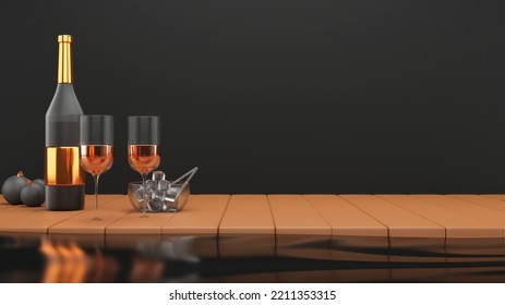 3D Champagne Bottle With Drink Glasses, Ice Cube Bowl, Baubles And Copy Space On Wooden And Black Background.