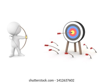 3D Character after missing many times finally hits the target. 3D Rendering isolated on white.