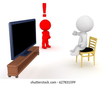 3D Character Is Angry That His Friend Is Lazy And Watches Too Much Tv. Image Depicting Social Conflict.
