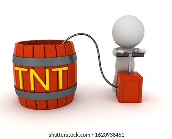 3D Character blowing up a tnt powder keg. 3D Rendering isolated on white.