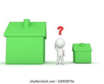 3D Character Can't Choose Between Small And Large House. Image Depicting A Confused Buyer.
