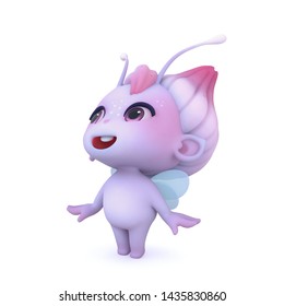 3d Character Cartoon Cute Fairy Standing On Tiptoe And Looking Up. Kawaii Funny Flower Elf With Smiling Face And Big Purple Eyes. 3D Rendering Of Pink Friendly Creature Isolated On A White Background