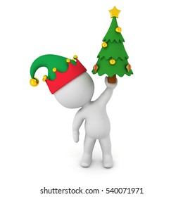 3D character in elf hat holding up a small decorated Christmas tree. Isolated on white background.
