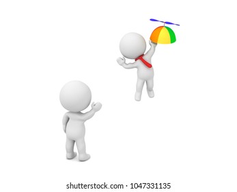 3D Character Flying Off And Holding Propeller Hat. Isolated On White.
