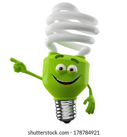 3D Character Of Green Spiral Light Bulb Isolated On White Background, Happy Cartoon, Eco Illustration, Pointing Save Money Icon