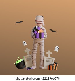 Ilustración de la momia de halloween de 3d carácter lleva una caja de regalo