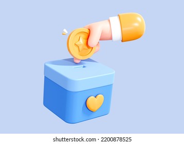 3D Character hand holding coin for donation. Donate to help Ukraine. Financial support concept. Fund save life. Donation box. Cartoon creative design concept isolated on blue background. 3D Rendering - Powered by Shutterstock