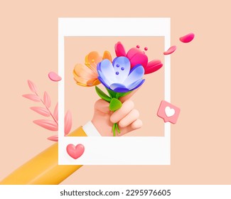 3D Character hand holds bouquet of flowers. Social media frame border with like button. Spring post in network. Summer banner. Cartoon creative design illustration concept. 3D Rendering - Powered by Shutterstock