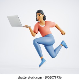 3d Character Happy Woman Is Running With A Laptop. 3d Rendering