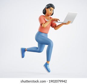 3d Character Happy Woman Is Running With A Laptop. 3d Rendering