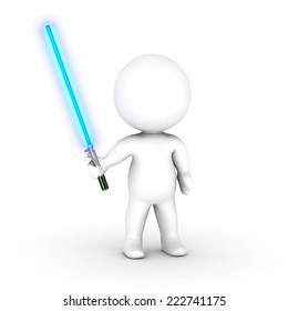 3D character holding a blue light saber isolated on white 