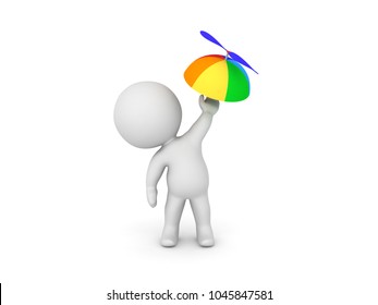 3D Character Holding Up Colorful Beanie Propeller Hat. Isolated On White.
