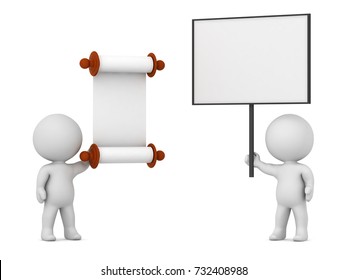 3D character holding a large protest sign against a character with a scroll law decree. Isolated on white background.