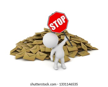 A 3D Character Holding Up A Stop Sign In Front Of A Pile Of Mail Envelopes. Spam Concept. Isolated On White Background.