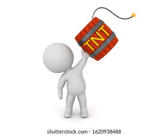 3D Character holding up a tnt powder keg. 3D Rendering isolated on white.