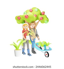 3D Character Illustration of Couple Farmers Doing Gardening Together on Farm - Powered by Shutterstock