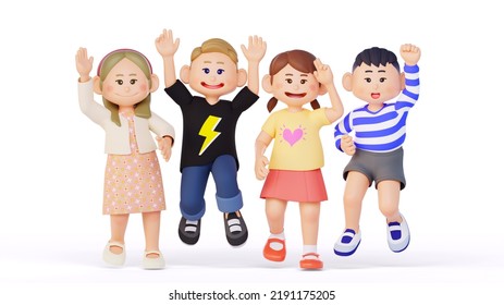 3D character illustration where 4 boys and girls greet each other warmly - Powered by Shutterstock