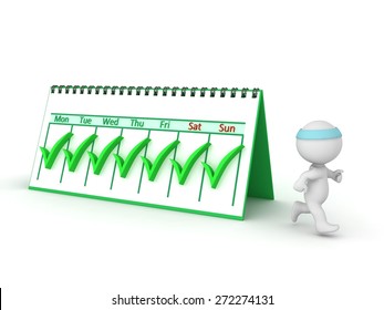 A 3D Character Jogging And A Calendar Showing Check Marks For Every Day Of The Week. Daily Exercise Habit Concept. Isolated On White Background. 