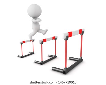 3D Character jumping over increasingly larger hurdles. 3D Rendering isolated on white.