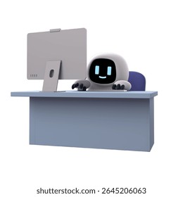 3D character Kubo working on computer with white background. Cartoon male figure sitting at desk using PC, ideal for business or tech concepts.