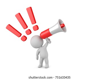 3D character with a large megaphone and several exclamation symbols. Isolated on white background.