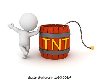 3D Character leaning on tnt powder keg. 3D Rendering isolated on white.